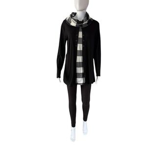 Elegant Black Cardigan with Checkered Scarf